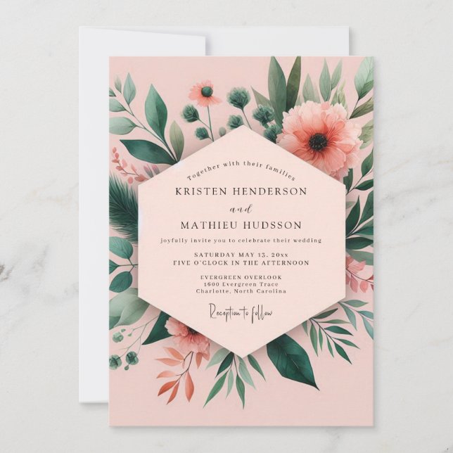 Invitación Boda Botánica Caprichosa de Coral (Anverso)