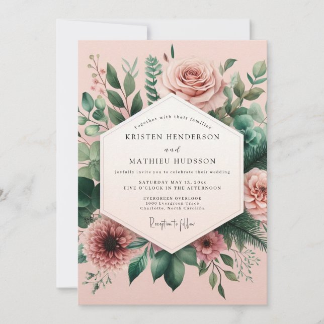 Invitación Boda Botánica Caprichosa de Rosa Rubor (Anverso)