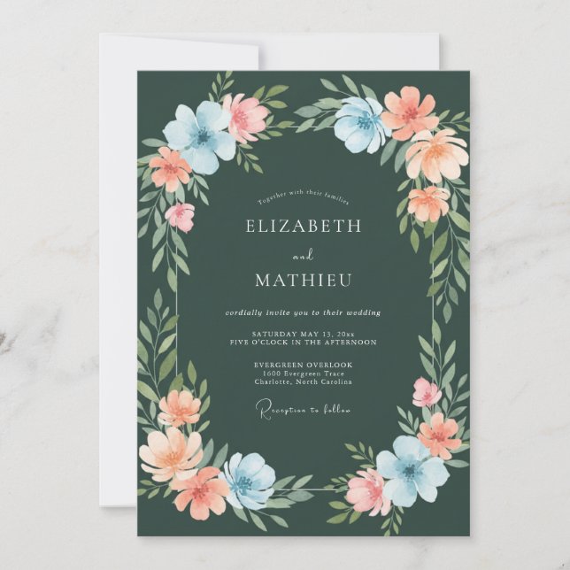 Invitación Boda Botánica Caprichosa de Verde Bosque (Anverso)