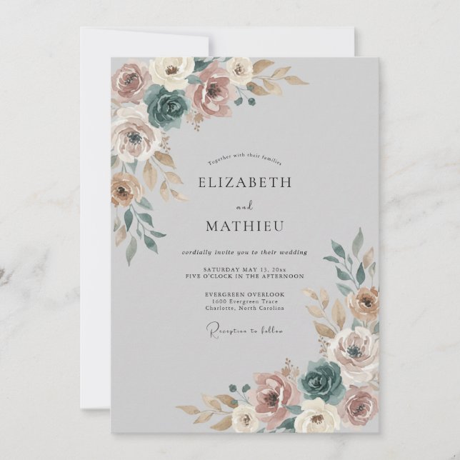 Invitación Boda Botánica Caprichosa Rosa Polvorienta (Anverso)