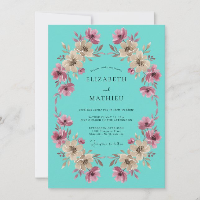 Invitación Boda Botánica Caprichosa Turquesa (Anverso)