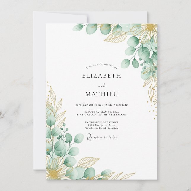 Invitación Boda Botánica Caprichosa Verde Menta (Anverso)