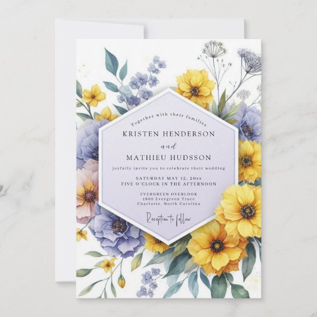 Invitación Boda Botánica Caprichosa Violeta Amarillo (Anverso)