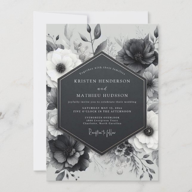 Invitación Boda Botánica Carbón Floral (Anverso)