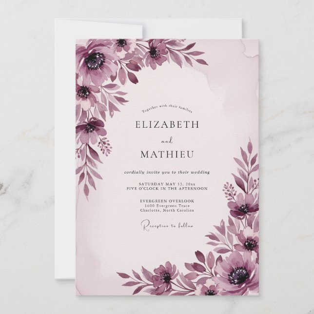 Invitación Boda Botánica Cautivadora de Ciruela (Anverso)