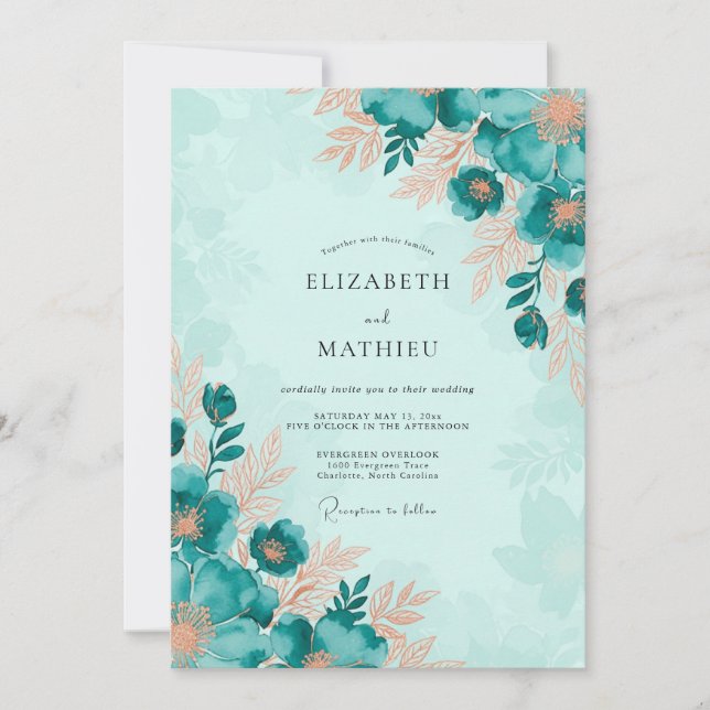 Invitación Boda Botánica Cautivadora Verde Teal (Anverso)
