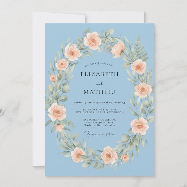 Invitación Boda Botánica Celestial de Azul Cielo (Anverso)