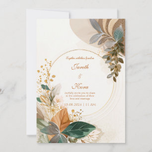 Invitación Boda Botánica Circular Verde Bosque Dorado
