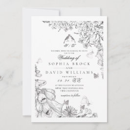 Invitación Boda Botánica Clásica Blanca Negra
