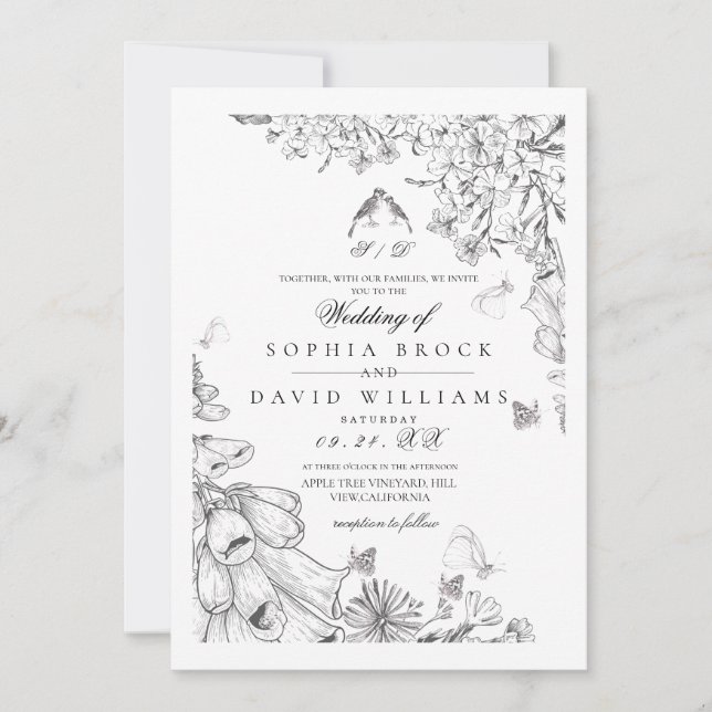 Invitación Boda Botánica Clásica Blanca Negra (Anverso)