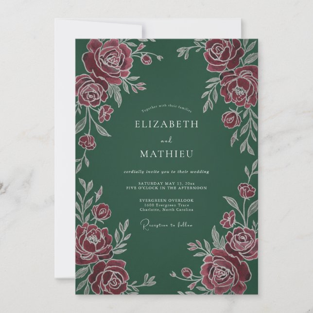 Invitación Boda Botánica Clásica de Verde Oscuro (Anverso)