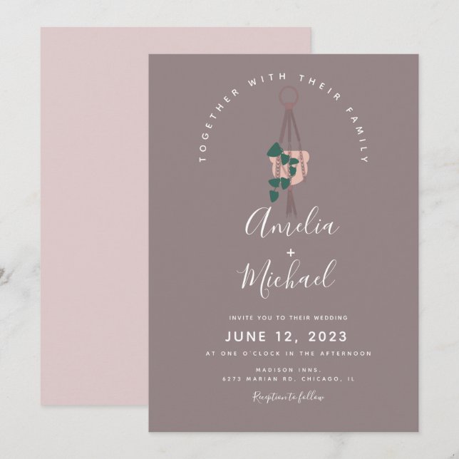 Invitación Boda botánica colgante de macrame de planta modern (Anverso / Reverso)