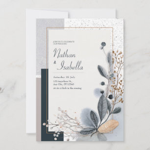Invitación Boda Botánica con Brillo Mínimo Azul Gris Oro
