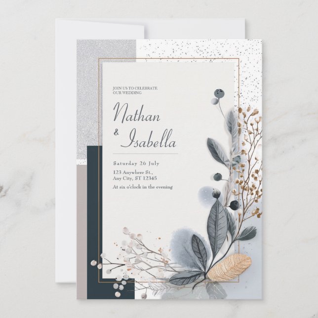 Invitación Boda Botánica con Brillo Mínimo Azul Gris Oro (Anverso)
