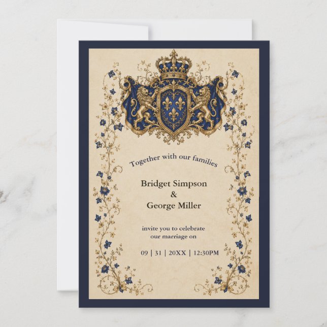 Invitación Boda botánica con cresta de león medieval (Anverso)