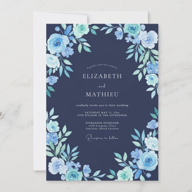 Invitación Boda Botánica con Escarcha Azul Marino (Anverso)