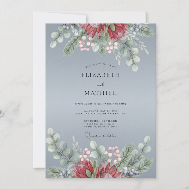 Invitación Boda Botánica con Escarcha Azul Pizarra (Anverso)