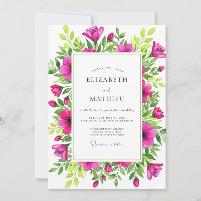 Invitación Boda Botánica con Espíritu Magenta (Anverso)