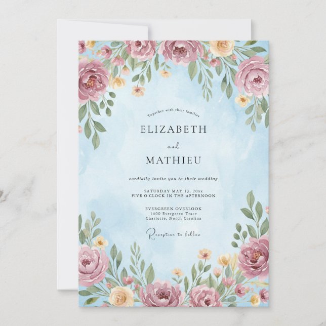 Invitación Boda Botánica con Florecimiento de Rosa Polvorient (Anverso)
