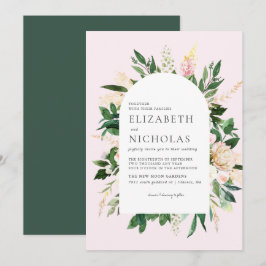 Invitación Boda botánica con flores rosadas y vegetación