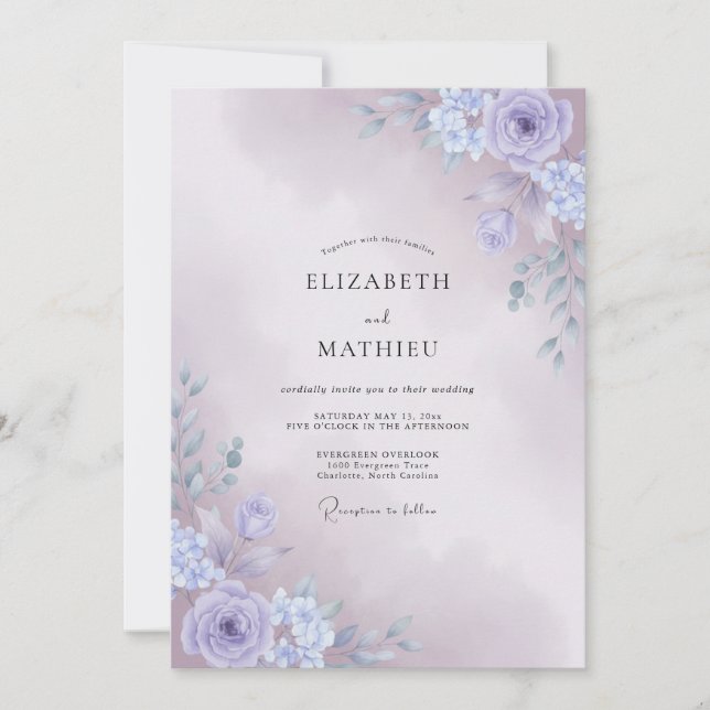 Invitación Boda Botánica con Niebla de Periwinkle (Anverso)