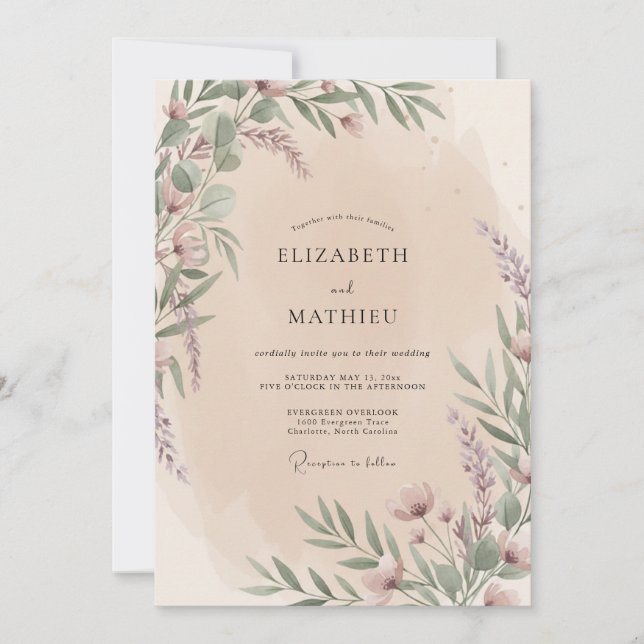 Invitación Boda Botánica con Rubor Malva (Anverso)