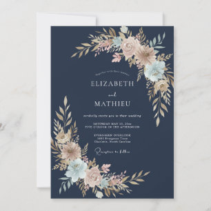 Invitación Boda Botánica con Toque de Rosa y Azul Marítimo