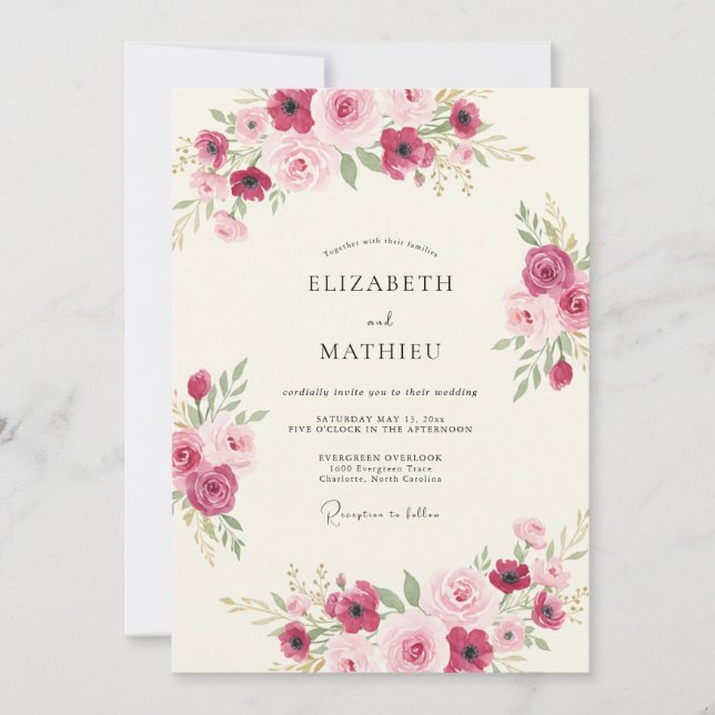 Invitación Boda Botánica con Toque Magenta (Anverso)