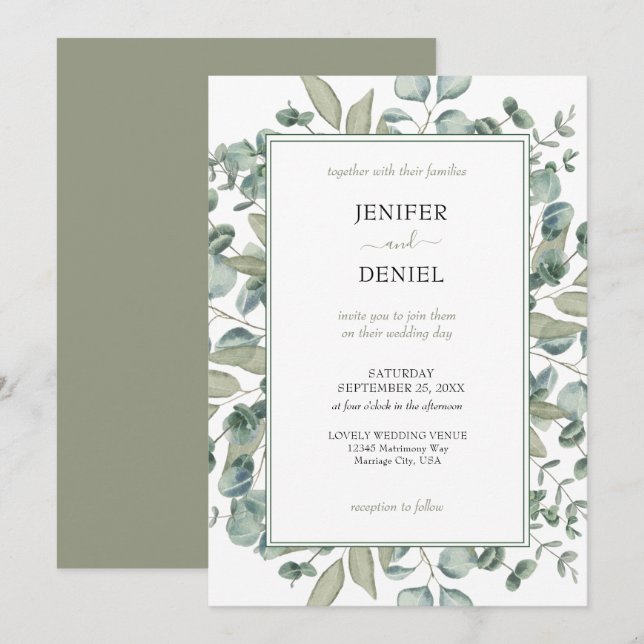 Invitación Boda botánica con vegetación de eucalipto (Anverso / Reverso)
