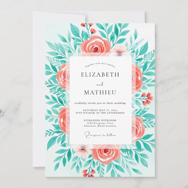 Invitación Boda Botánica Coral Bloom (Anverso)