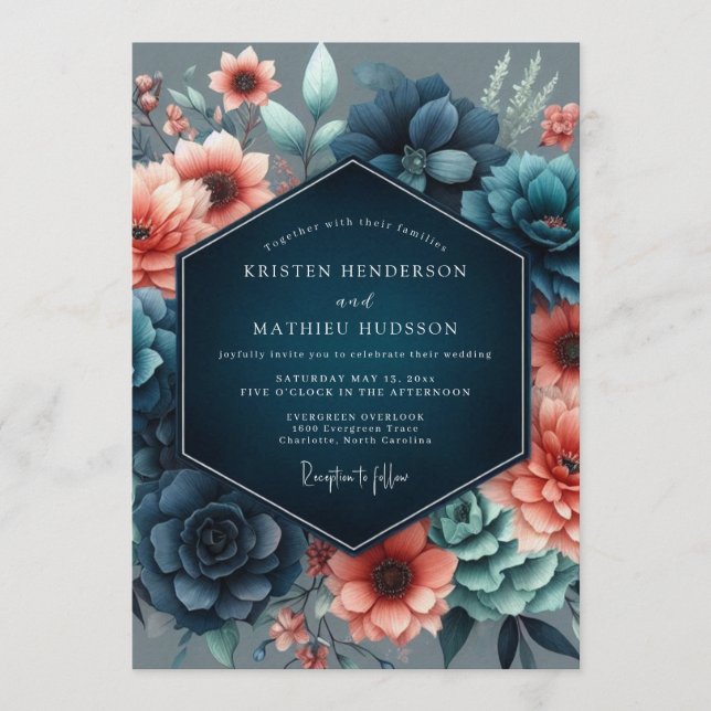 Invitación Boda Botánica Coral Incandescente (Anverso)