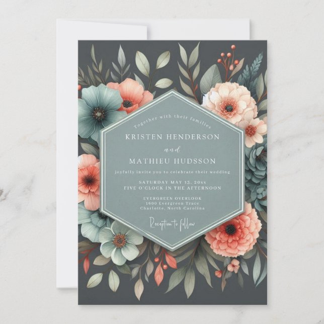Invitación Boda Botánica Coral Pizarra (Anverso)