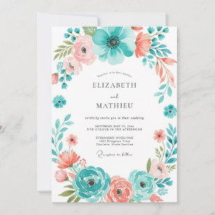 Invitación Boda Botánica Coral Teal Floración