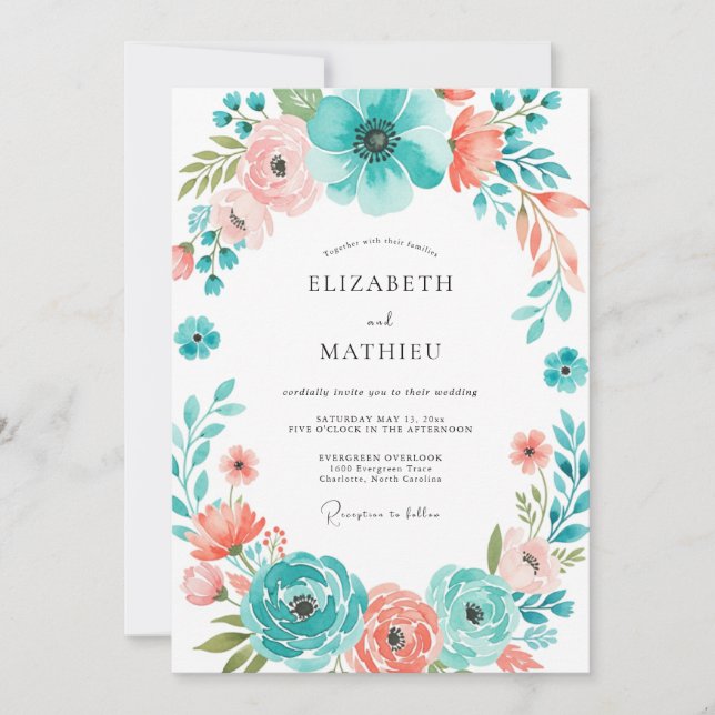Invitación Boda Botánica Coral Teal Floración (Anverso)