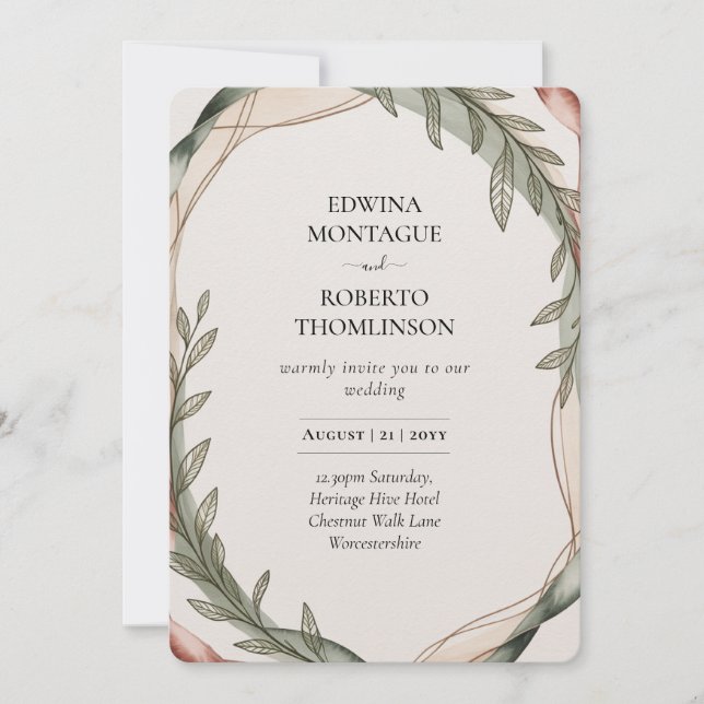Invitación Boda Botánica Corona de Olivo Patrimonio (Anverso)