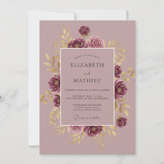 Invitación Boda Botánica Daurada de Borgoña (Anverso)