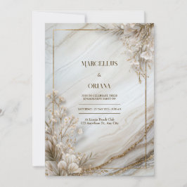 Invitación Boda Botánica Daurada de Mármol Blanco