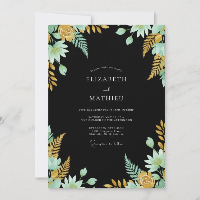 Invitación Boda Botánica Daurada de Menta Negra (Anverso)