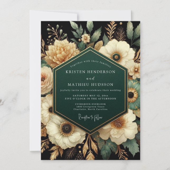 Invitación Boda Botánica Daurada Esmeralda (Anverso)