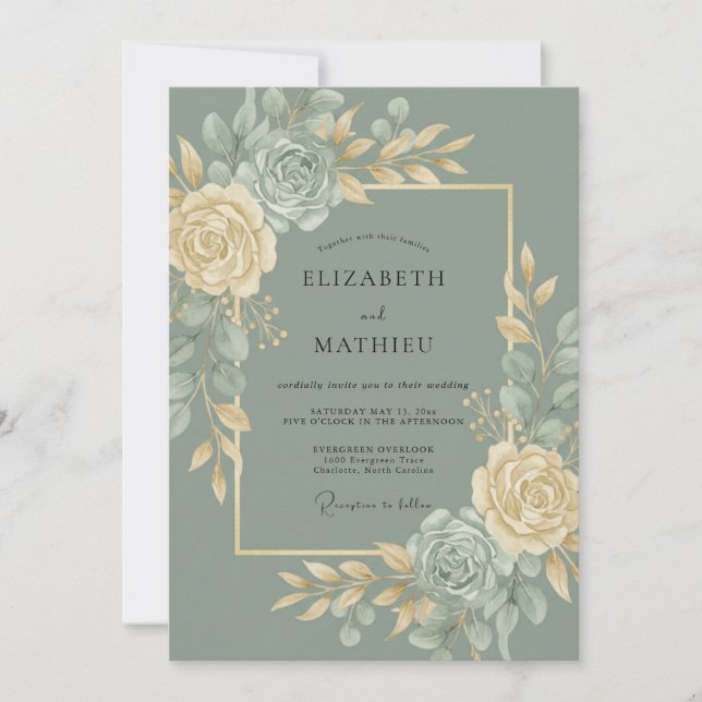Invitación Boda Botánica Daurada Verde Salvia (Anverso)