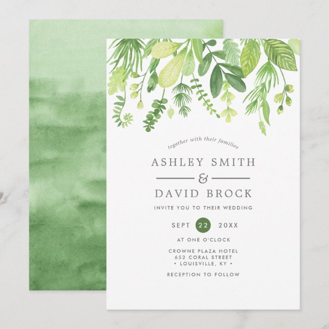 Invitación Boda Botánica de Acuarela Moderna Verde (Anverso / Reverso)