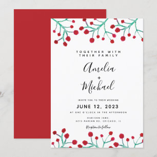 Invitación Boda Botánica de Aguarela de Navidad con Bayas Roj