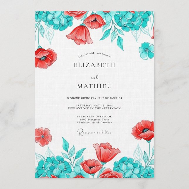 Invitación Boda Botánica de Amapola Teal (Anverso)