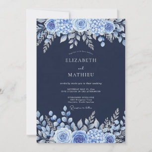 Invitación Boda Botánica de Azul Marino Pulido
