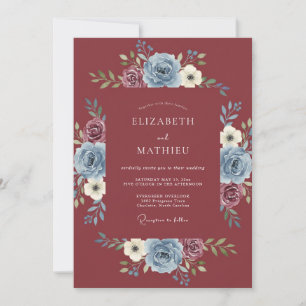 Invitación Boda Botánica de Azul Polvoriento y Granate