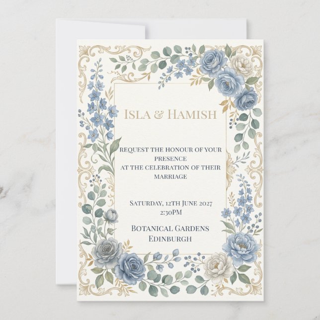 Invitación Boda Botánica de Azul Verde Suave (Anverso)