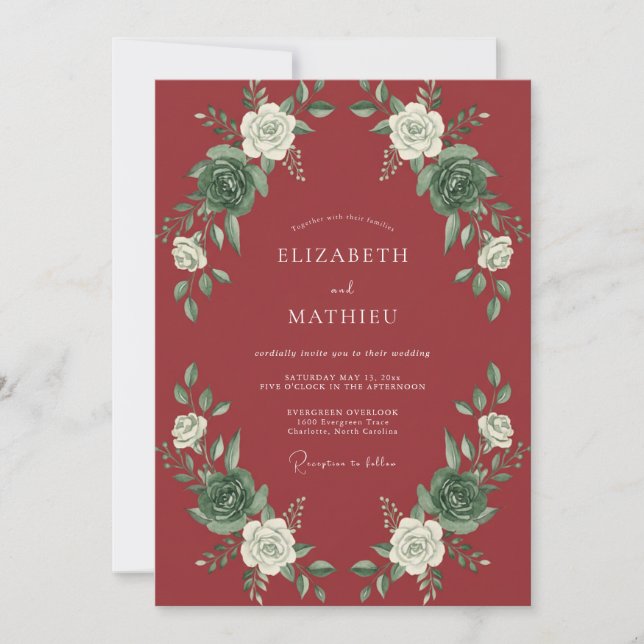 Invitación Boda Botánica de Blanco Carmesí (Anverso)