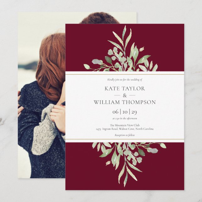 Invitación Boda Botánica de Borgoña Foto Verde (Anverso / Reverso)