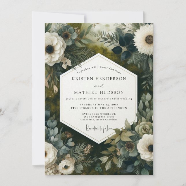 Invitación Boda Botánica de Bosque con Verde Teal Profundo (Anverso)