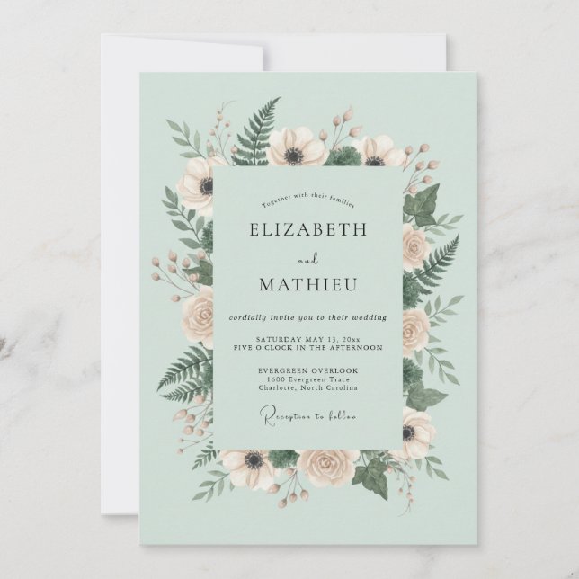 Invitación Boda botánica de bosque en verde menta (Anverso)